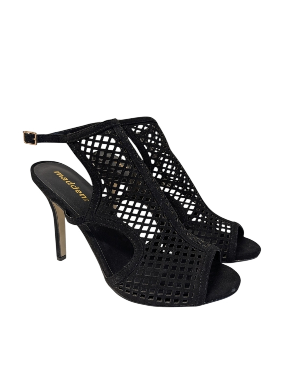 Madden Roseey Black Laser Cut Out Peep Toe Stiletto Heels Sandals Size 9